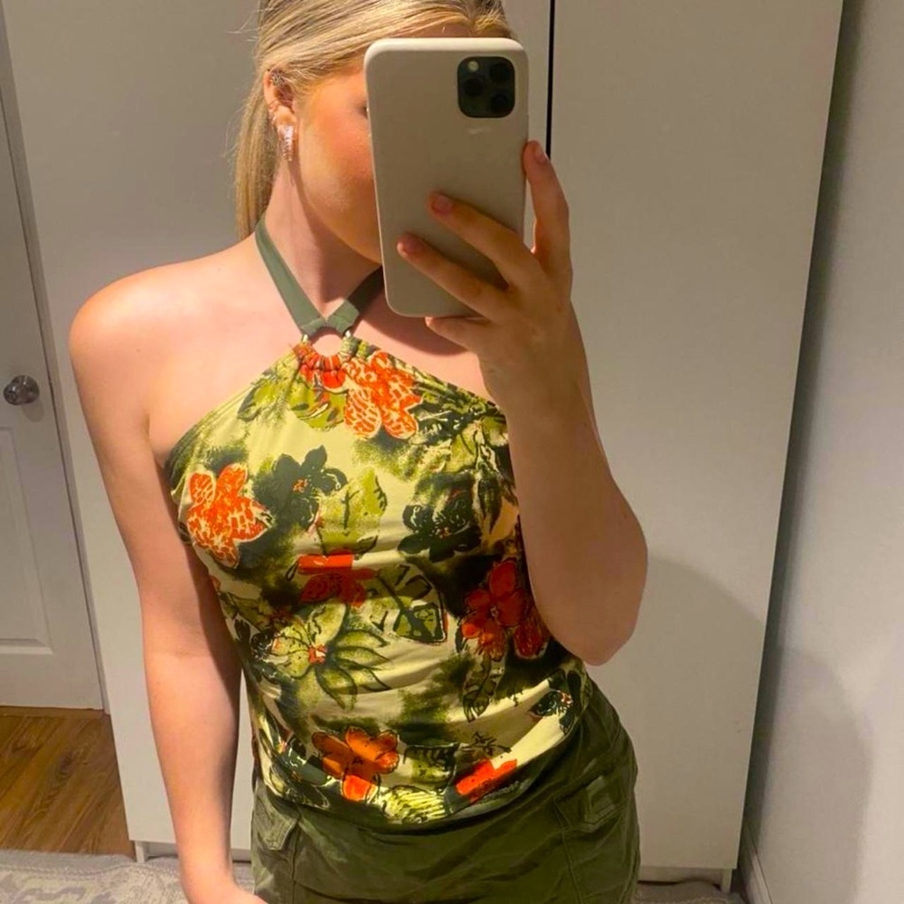 Y2K floral green halter bathing suit top